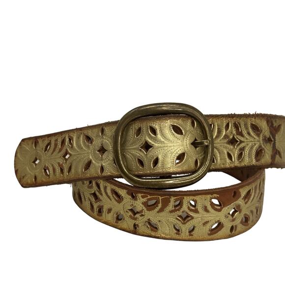 Fossil Distressed Laser Cut Tooled Gold Tone Belt Western Bling Festival Cowgirl - Picture 4 of 11